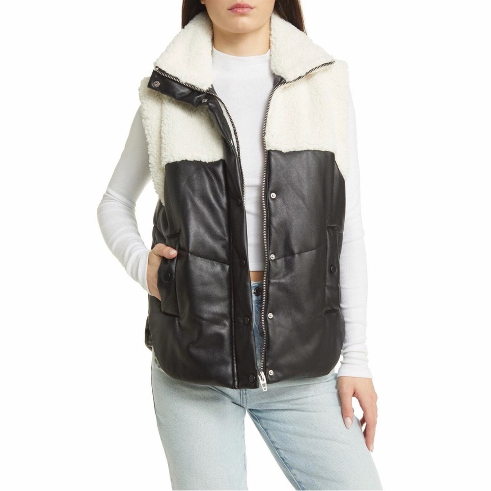 Blank NYC Lucky Break Black Faux Leather & Faux Shearling Vest Size S MSRP $128